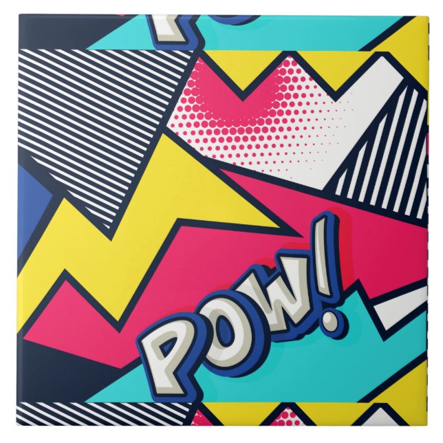Azulejo De Cerâmica Pop Art Pow! Padrão em magenta, azul e preto (Frente)