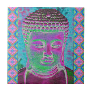 Azulejo De Cerâmica Pop Buda em Magenta e Turquesa