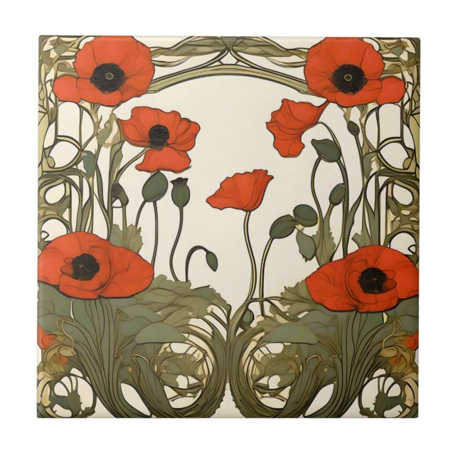Azulejo De Cerâmica Poppies Elegantes Art Nouveau (Frente)