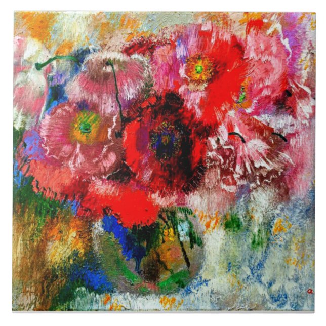 Azulejo De Cerâmica Poppies no Fundo da Cinza, Pintura Floral (Frente)