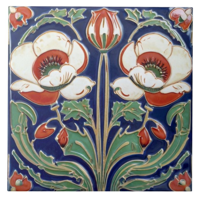 Azulejo De Cerâmica Poppy Flower Art Deco Nouveau European Folart (Frente)