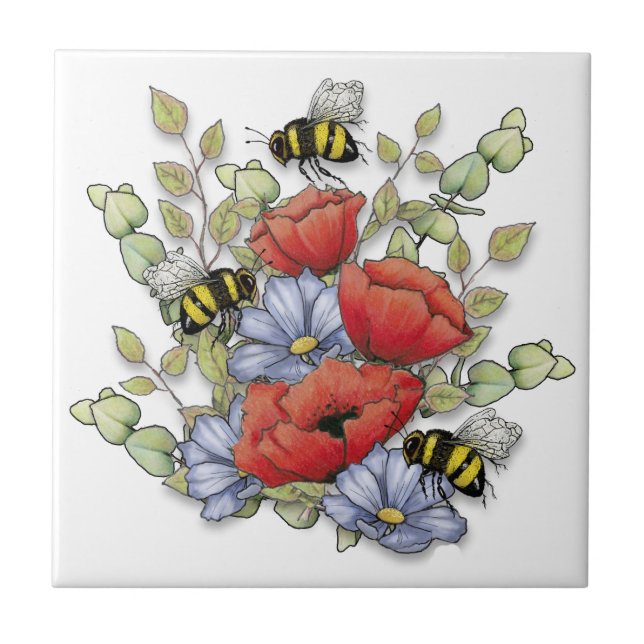 Azulejo De Cerâmica Poppy Flowers and Bees Digital Drawing, Botanical  (Frente)