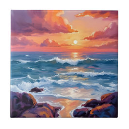 Azulejo De Cerâmica Pôr do Sol Dourado no Oceano | Radiância Costeira 