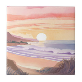 Azulejo De Cerâmica Pôr do Sol no Mar Corado | Pintura em Aquarela da 