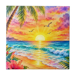 Azulejo De Cerâmica Pôr do Sol Paradisíaco Tropical Arte de Praia em A