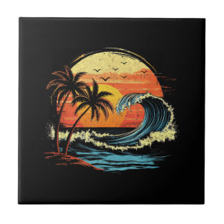 Azulejo De Cerâmica Pôr do Sol Retrô Tropical Vintage Palmeira da Prai
