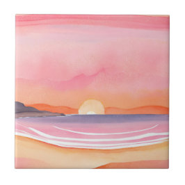Azulejo De Cerâmica Pôr do sol rosa | Pintura do céu da praia em aquar