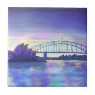 Azulejo De Cerâmica Pôr do sol roxo em Sydney Harbour em aquarela