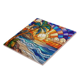 Azulejo De Cerâmica pôr do sol tropical em uma praia de vidro colorido