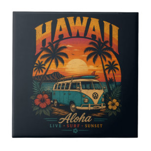 Azulejo De Cerâmica Pôr-do-sol Vintage Havaiano Palmeiras Prancha de S