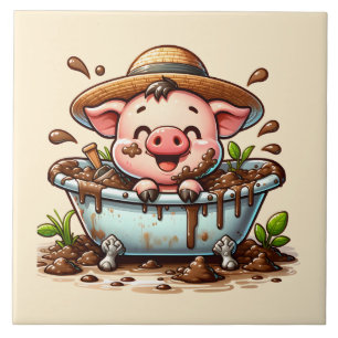 Azulejo De Cerâmica Porco fofo em um banheiro de banho de lama