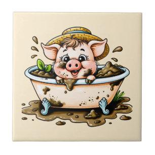 Azulejo De Cerâmica Porco fofo em um banheiro de banho de lama