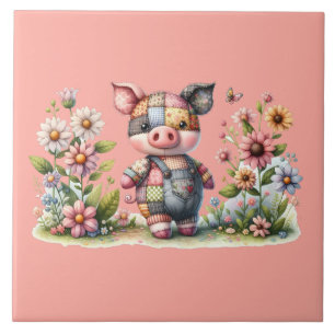 Azulejo De Cerâmica Porquinho Patchwork Fofo em Jardim Floral