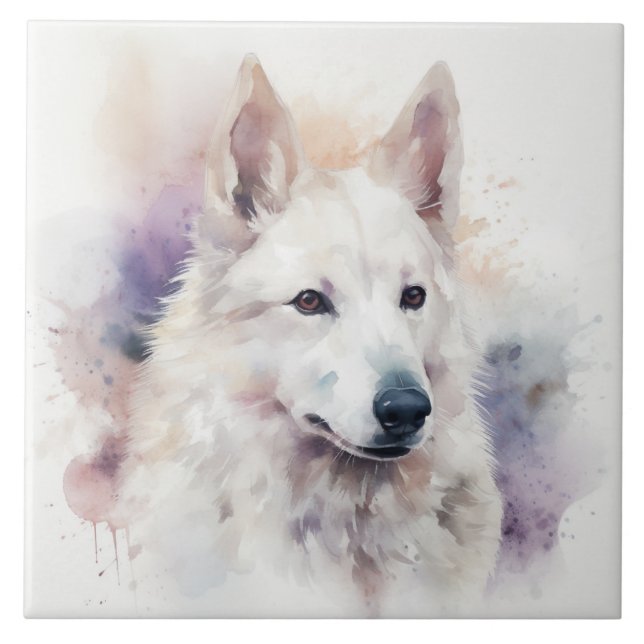 Azulejo De Cerâmica Portrato de aquarela Cachorro Branco encantador Sa (Frente)
