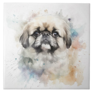 Azulejo De Cerâmica Portrato de Cachorro Aquarela de Pekingese