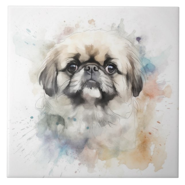 Azulejo De Cerâmica Portrato de Cachorro Aquarela de Pekingese (Frente)