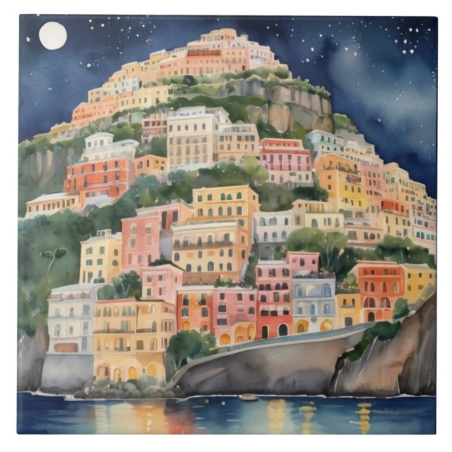 Azulejo De Cerâmica Positano Night, Itália, Costeira Italiana (Frente)