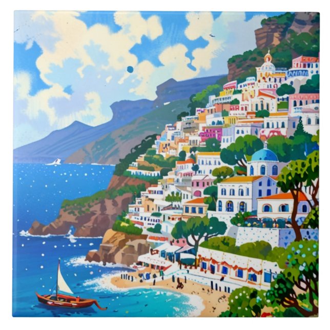 Azulejo De Cerâmica Positano Village, Itália, Coast Watercolor Italian (Frente)