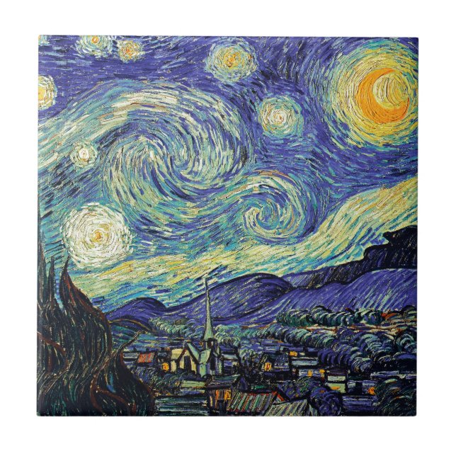Azulejo De Cerâmica Poste-Impressionista Starry Night Van Gogh (Frente)