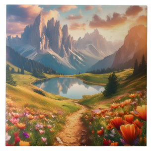 Azulejo De Cerâmica Poster de viagens Dolomites Vintage-Style com Lago