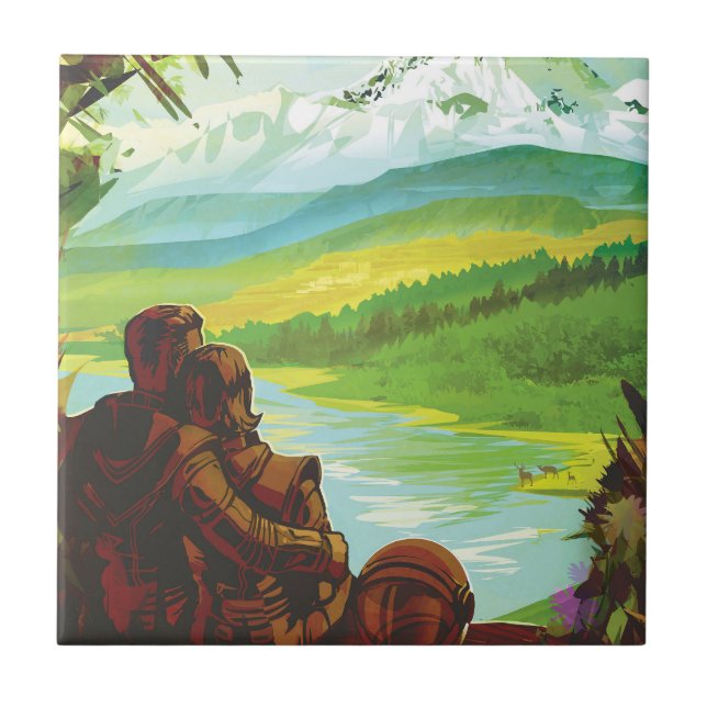 Azulejo De Cerâmica Poster de viagens Espacial Retroativo E Missão De  (Frente)