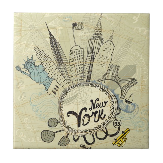 Azulejo De Cerâmica Poster do Doodle de New York (Frente)