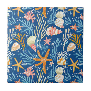 Azulejo De Cerâmica Praia Retro Concha Laranja Rosa Amarelo Azul