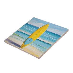 Azulejo De Cerâmica Prancha de surf azul e amarela na praia