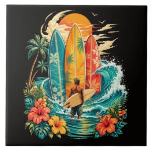 Azulejo De Cerâmica Prancha de Surf da Onda da Praia Havaiana Vintage
