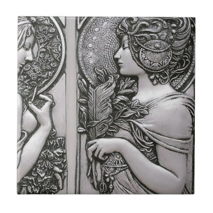 Azulejo De Cerâmica Prata, Art nouveau, design, fêmeas, Mucha, beleza