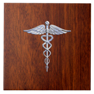 Azulejo De Cerâmica Prata Como Caduceus Símbolo Médico Mahogany Impr