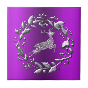 Azulejo De Cerâmica Prata de Natal, Reindeer Purple Natal