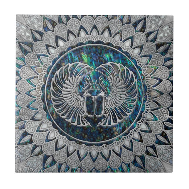 Azulejo De Cerâmica Prata e olmo egípcios do besouro do escaravelho (Frente)