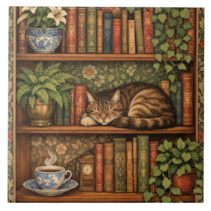 Azulejo De Cerâmica Prateleira de livros antigos com gato e café
