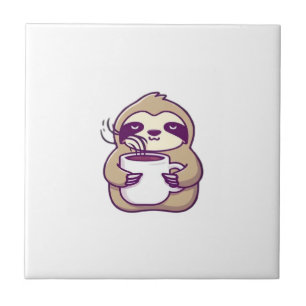 Azulejo De Cerâmica Preguiça Kawaii Chibi com Caneca de Café � Arte de