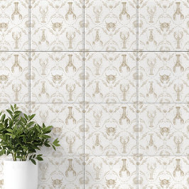 Azulejo De Cerâmica Preppy Coastal Lobsters and Crabs in Sandy Beige