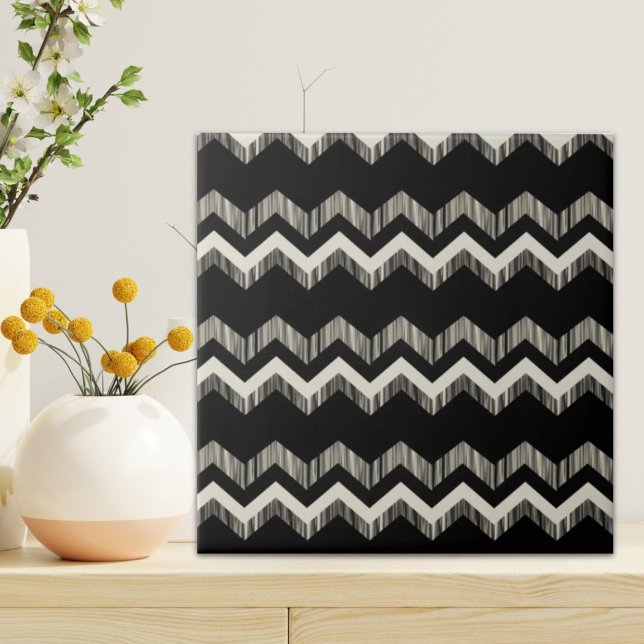 Azulejo De Cerâmica Preppy Girly Pattern Black And Cinza Chevron (Preppy Girly Pattern Black And Grey Chevron Tile)