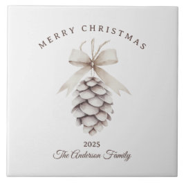 Azulejo De Cerâmica presente de Natal de pinecone branco creme persona
