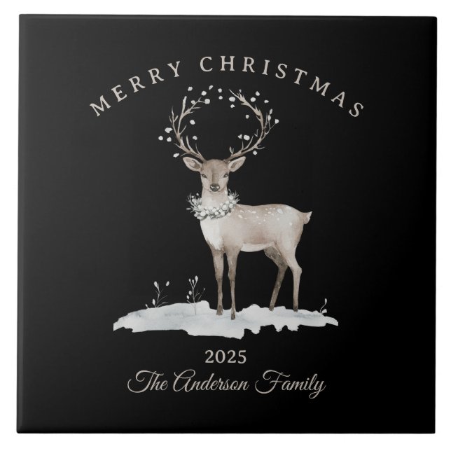 Azulejo De Cerâmica Presente de Natal de rena branca creme personaliza (Frente)