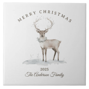 Azulejo De Cerâmica Presente de Natal de rena branco creme personaliza