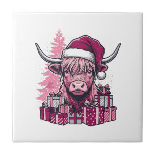 Azulejo De Cerâmica Presentes de Natal da Vaca de Terras Altas Rosa Ar