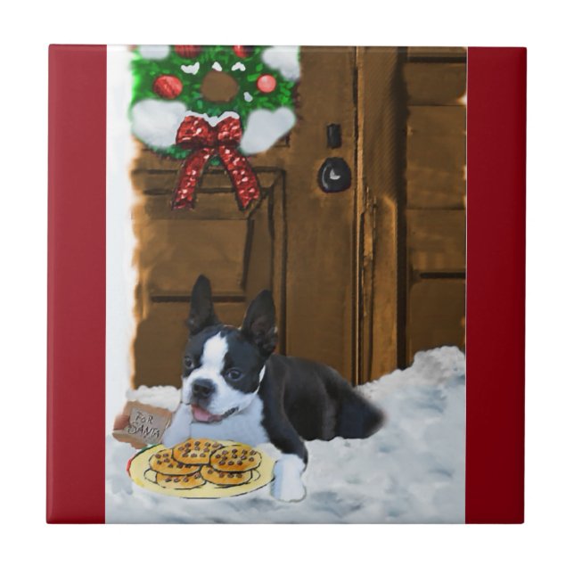 Azulejo De Cerâmica Presentes de Natal em Boston Terrier (Frente)