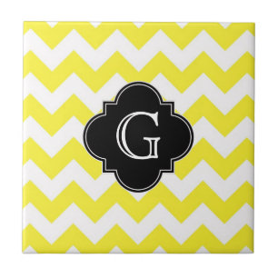 Azulejo De Cerâmica Preto branco amarelo Quatrefoil Monagram do