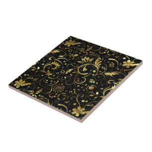 Azulejo De Cerâmica Preto com Padrão de Tecido Floral Dourado