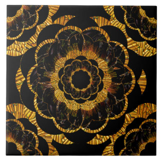 Azulejo De Cerâmica Preto dourado e ouro da flor da mandala do vintage