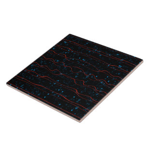 Azulejo De Cerâmica Preto e Azul com Linhas Vermelhas onduladas