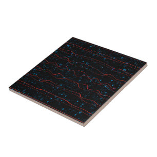 Azulejo De Cerâmica Preto e Azul com Linhas Vermelhas onduladas