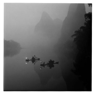 Azulejo De Cerâmica Preto e branco, China, Rio Li, Pescador em