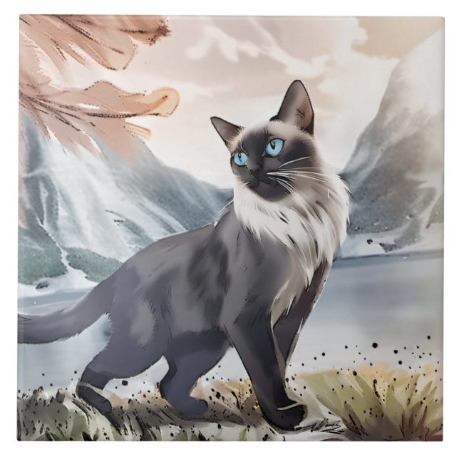 Azulejo De Cerâmica Preto e Branco Fluffy Cat. (Frente)