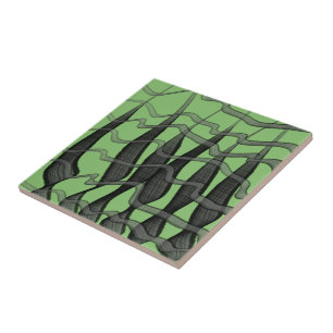 Azulejo De Cerâmica Preto E Cinza Folhas Florais Emplumadas Abstratas
